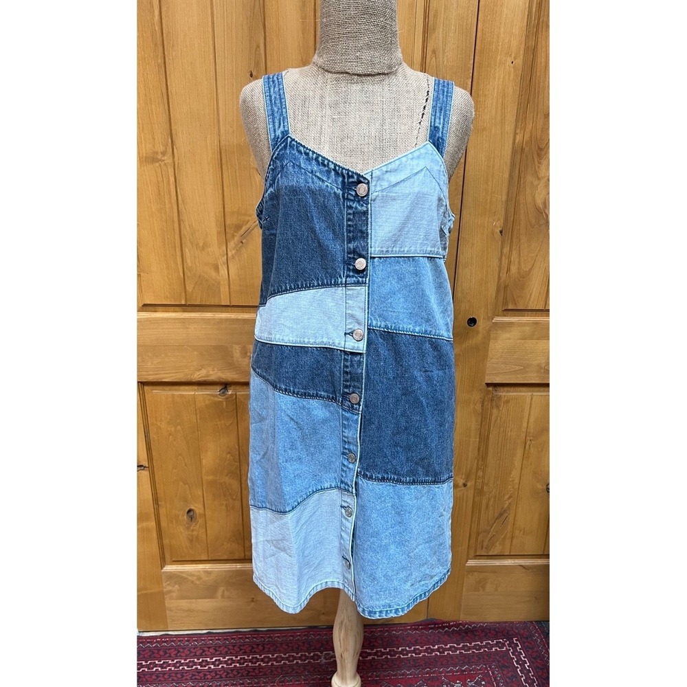 GAP Patchwork Denim Mini Dress Medium Button Up 100% Cotton Light/Med/Dark - Picture 2 of 14